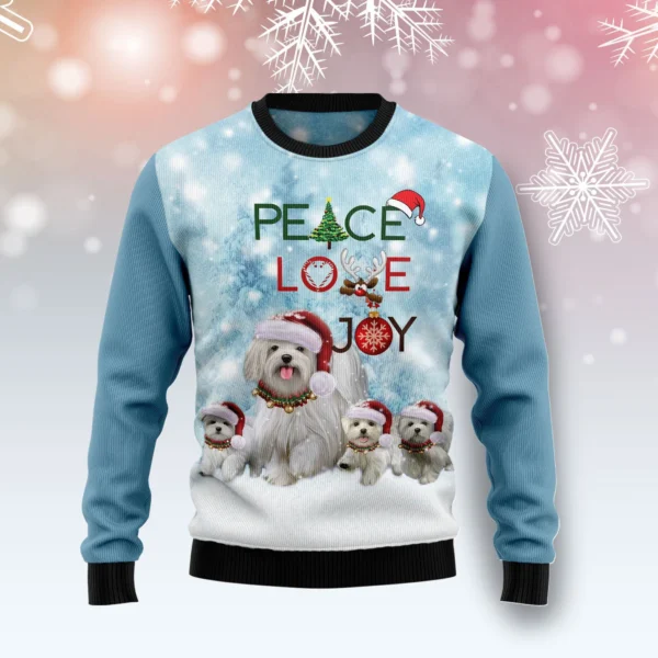 maltese peace love joy ugly christmas sweater winter apparel dog.webp