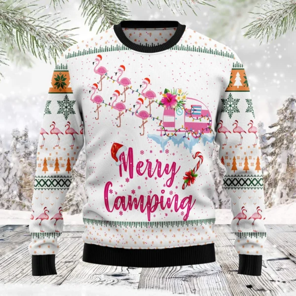 merry camping flamingo ugly christmas sweater xmas clothing camping.webp