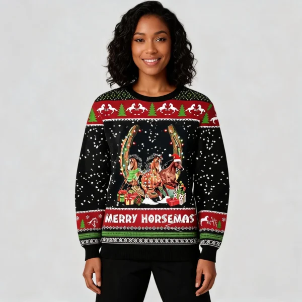 Merry Horsemas Ugly Christmas Sweater 2024 Xmas Matching Clothing worn by a model