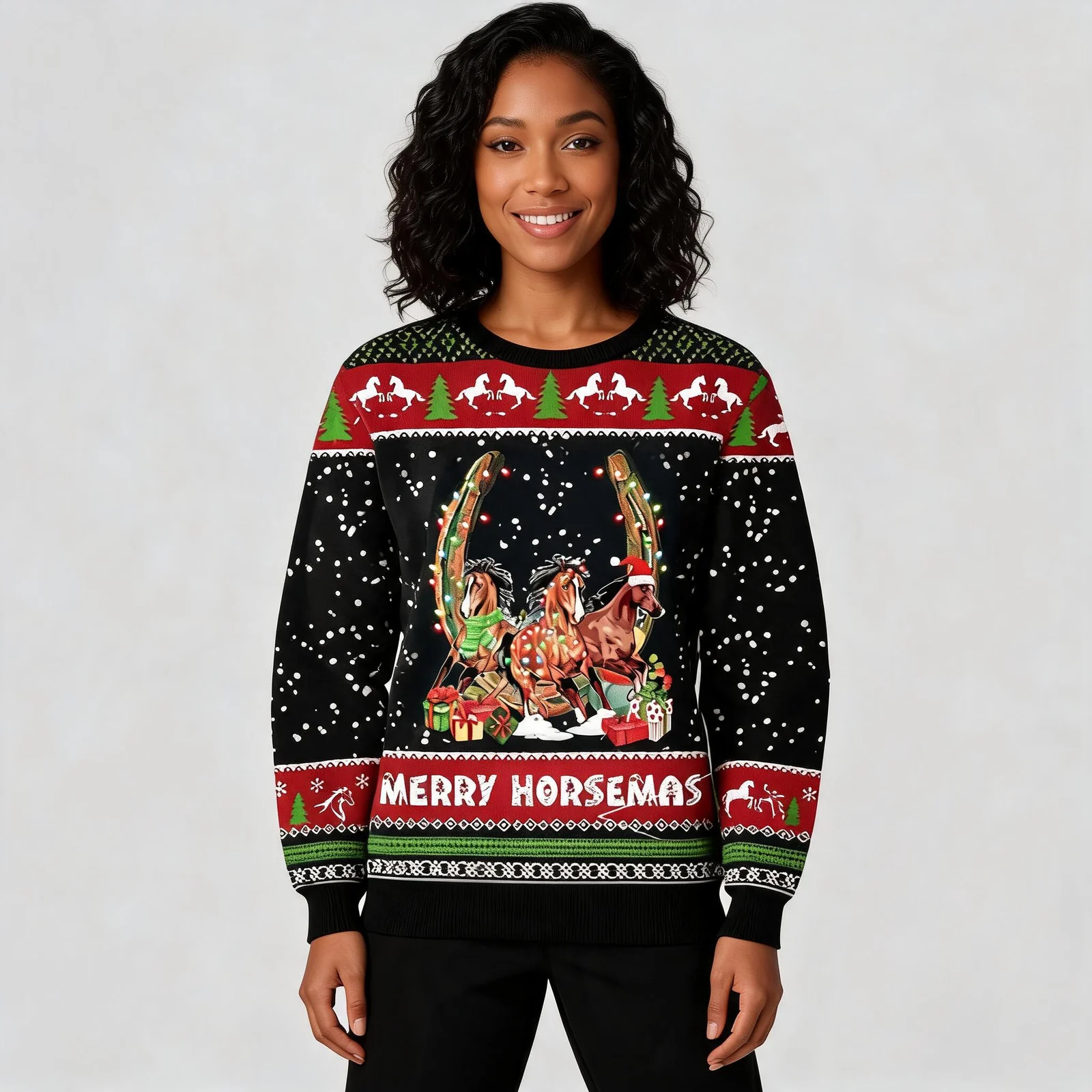 Merry Horsemas Ugly Christmas Sweater 2024 Xmas Matching Clothing Merry Horsemas Ugly Christmas Sweater 2024 Xmas Matching Clothing worn by a model