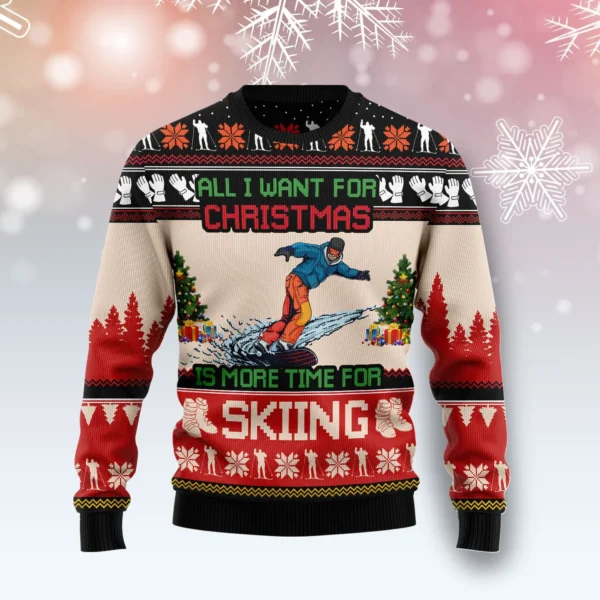 more time for skiing ugly christmas sweater holiday wear skiing.webp