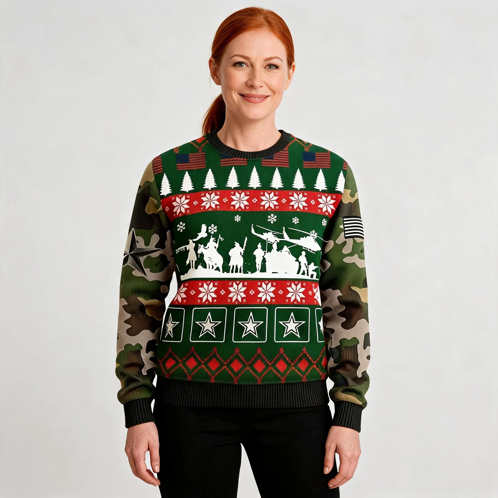 Native Veteran US Army Ugly Christmas Sweater Military Camo Christmas Native Veteran US Army Ugly Christmas Sweater Military Camo Christmas worn by a model