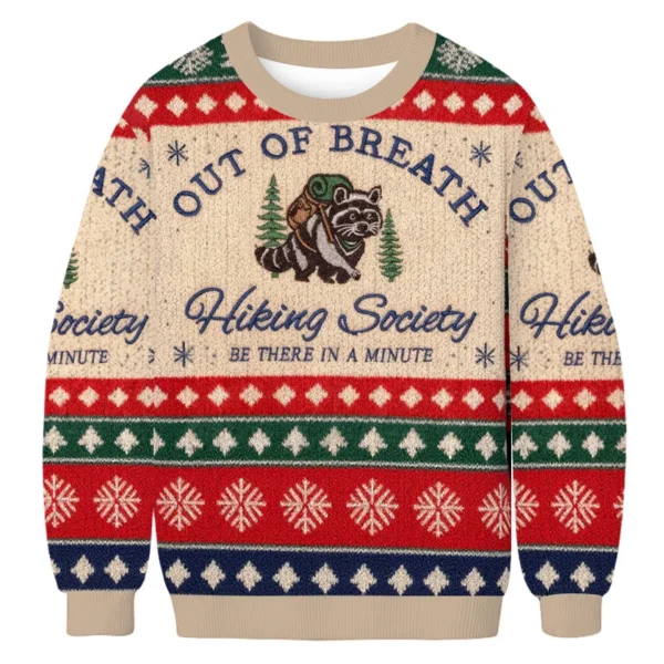 out of breath funny raccoon hiking christmas ugly sweater xmas.webp