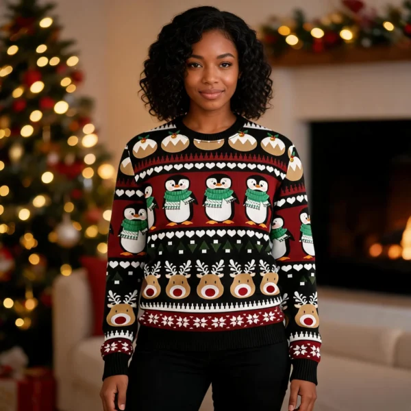 Penguin Christmas Tree Funny Ugly Xmas Sweaters Cool Xmas Clothes worn by a model