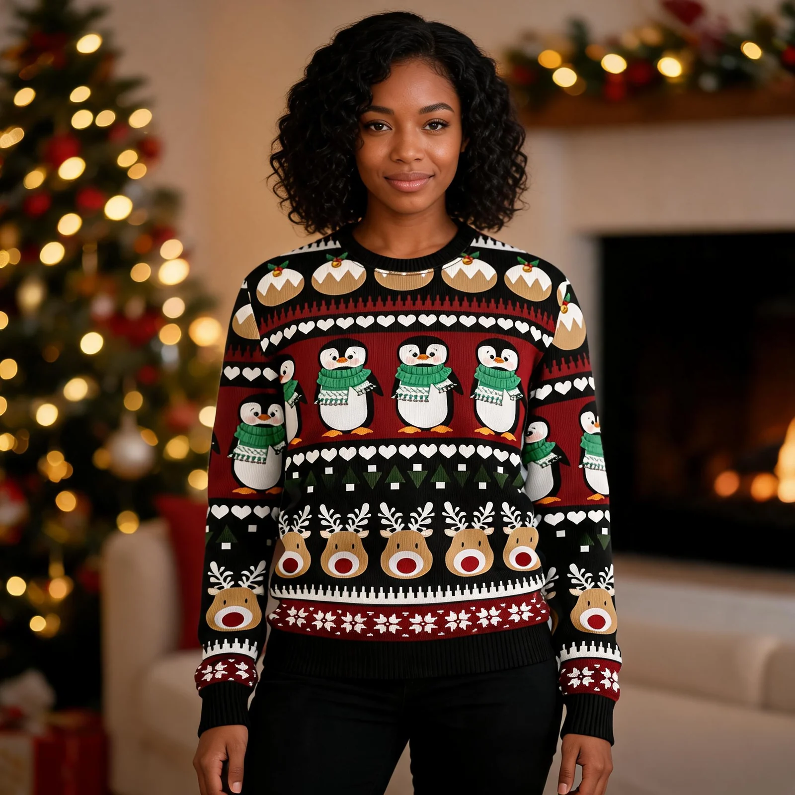 Penguin Christmas Tree Funny Ugly Xmas Sweaters Cool Xmas Clothes Penguin Christmas Tree Funny Ugly Xmas Sweaters Cool Xmas Clothes worn by a model