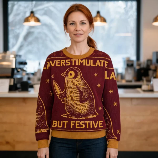 Penguin Overstimulated But Festive Christmas Ugly Apparel Christmas worn by a model