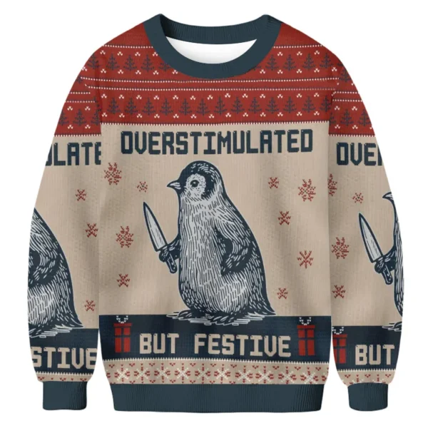 penguin overstimulated but festive christmas ugly sweater xmas.webp