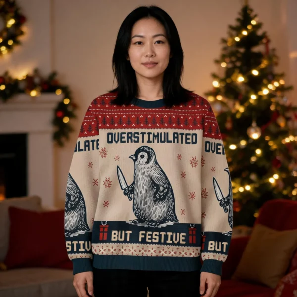 Penguin Overstimulated But Festive Christmas Ugly Sweater Xmas worn by a model