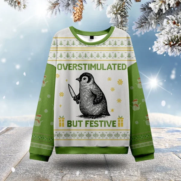 penguin overstimulated but festive christmas ugly sweater xmas wear.webp