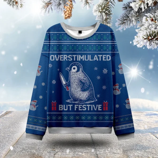 penguin overstimulated but festive ugly christmas sweater christmas.webp