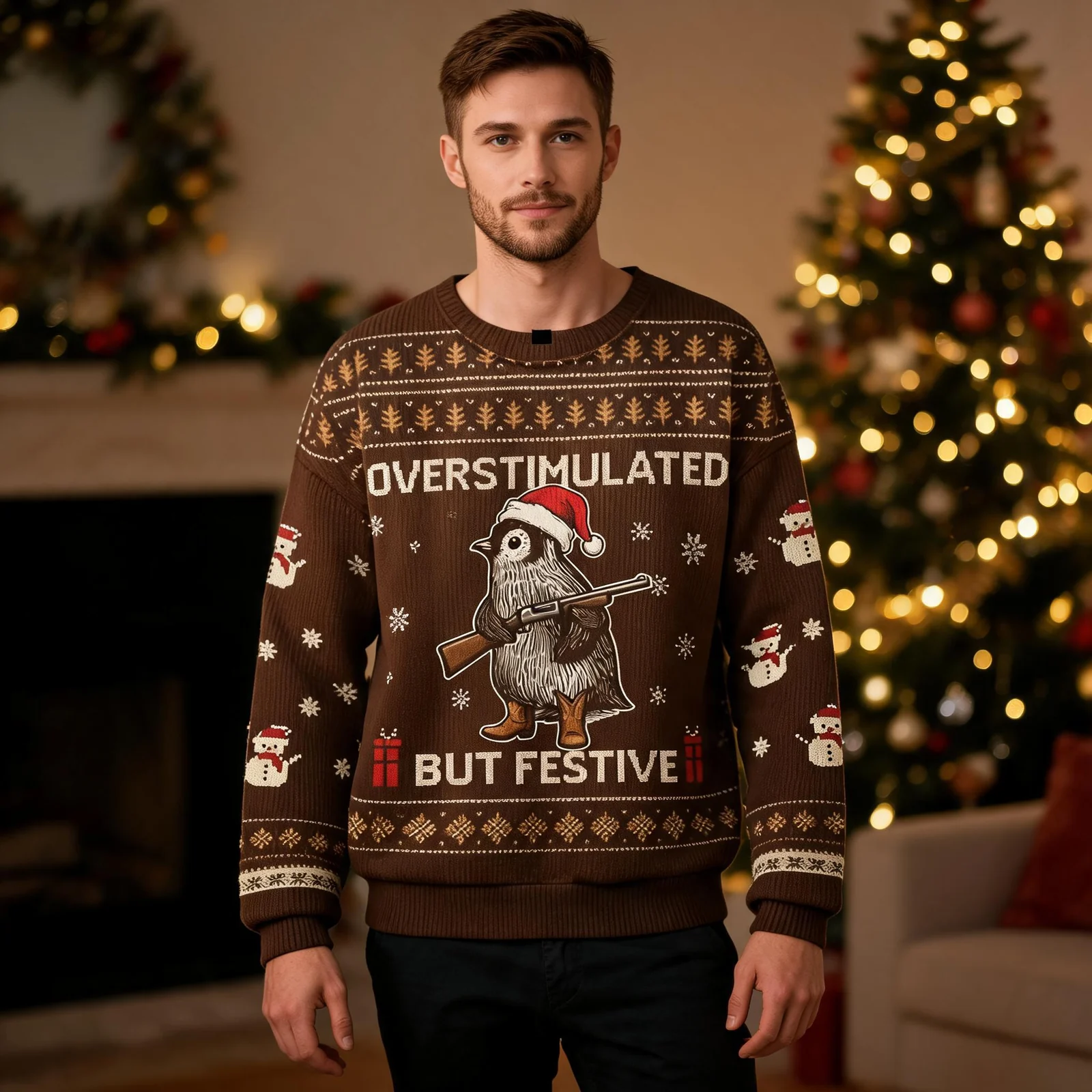 Penguin Ugly Christmas Sweater Overstimulated But Festive Christmas Penguin Ugly Christmas Sweater Overstimulated But Festive Christmas worn by a model