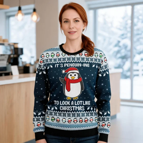 Penguin Wear Scarf Ugly Christmas Sweater Animal Clothing Christmas worn by a model