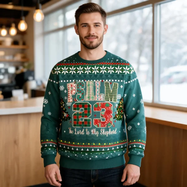 Psalm 23 The Lord Is My Shepherd Ugly Christmas Sweater Xmas Wear worn by a model