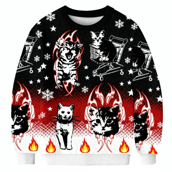 punk kittens with flame designs and shopping ugly christmas sweater.webp