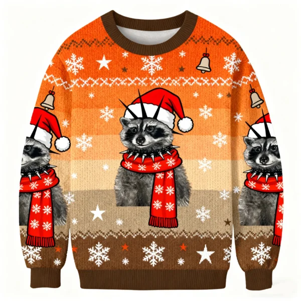 punk raccoon with mohawk and spiked collar christmas ugly sweater.webp
