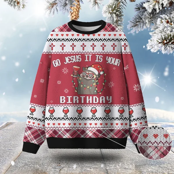 raccoon go jesus it s your birthday ugly christmas sweater xmas wear.webp