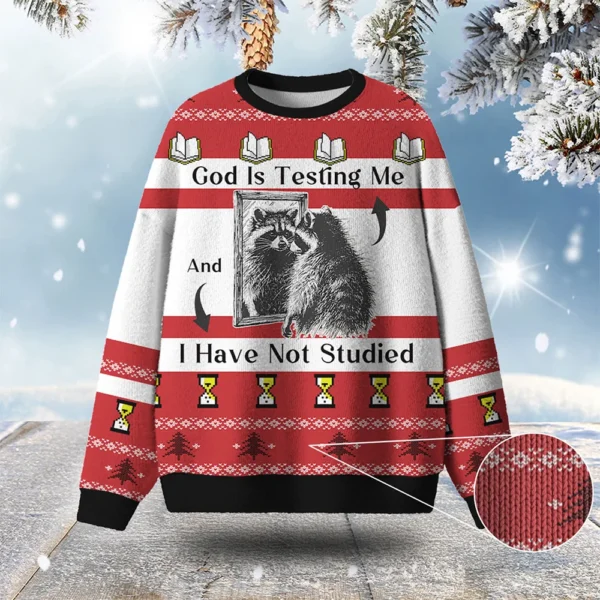 raccoon god is testing me ugly christmas sweater animal sweater.webp
