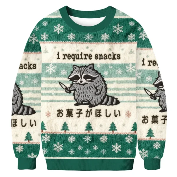 raccoon i require snacks christmas ugly sweater winter apparel.webp