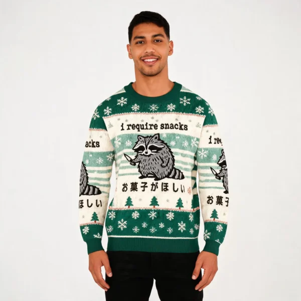 Raccoon I Require Snacks Christmas Ugly Sweate