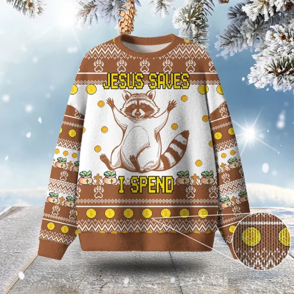 raccoon jesus saves i spend ugly christmas sweater xmas wear raccoon.webp