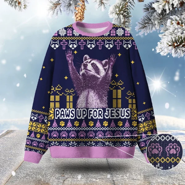 raccoon paws up for jesus ugly christmas sweater christmas gift.webp