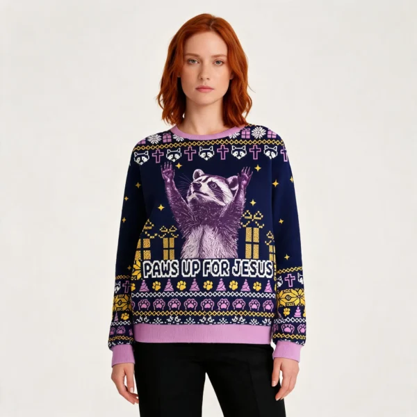 Raccoon Paws Up For Jesus Ugly Christmas Sweat