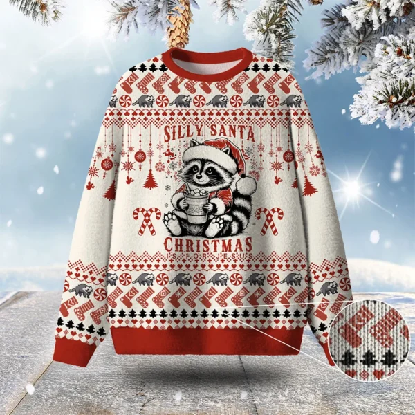 raccoon silly santa christmas is for jesus ugly christmas sweater.webp