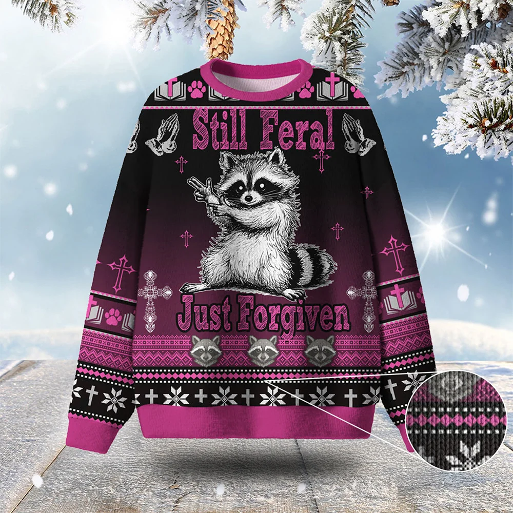 raccoon still feral just forgiven ugly christmas sweater xmas apparel.webp raccoon still feral just forgiven ugly christmas sweater xmas apparel.webp