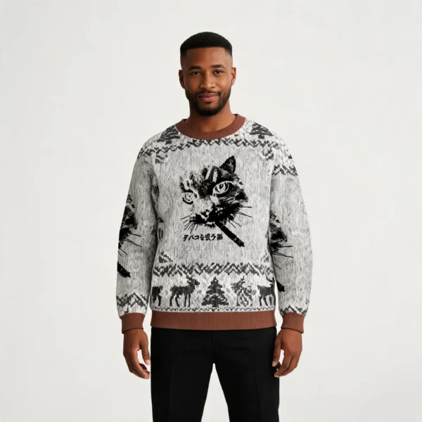 Retro Cat Smoking Christmas Ugly Sweater Xmas