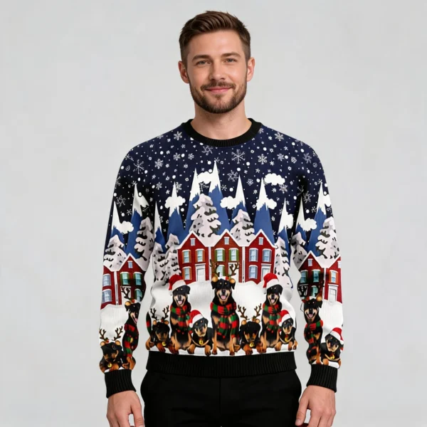 Rottweiler Family Ugly Christmas Sweater worn by a model