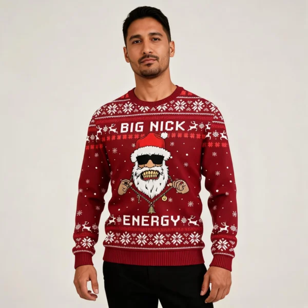 Santa Big Nick Energy Mens Ugly Christmas Sweater Holiday Gift Merch worn by a model