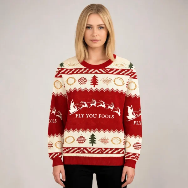 Santa Claus Fly You Fools Funny Christmas Ugly Sweater Christmas worn by a model