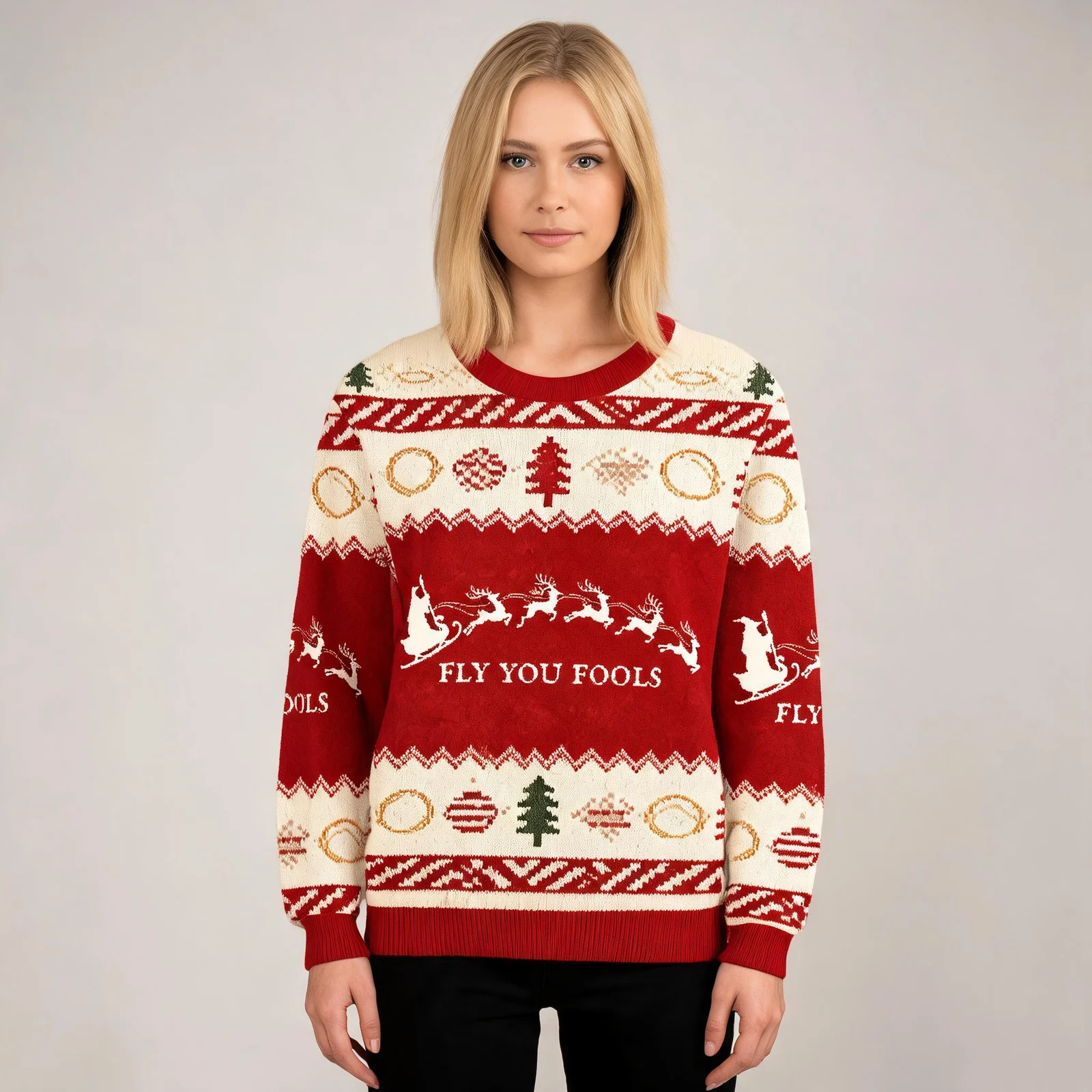 Santa Claus Fly You Fools Funny Christmas Ugly Sweater Christmas Santa Claus Fly You Fools Funny Christmas Ugly Sweater Christmas worn by a model