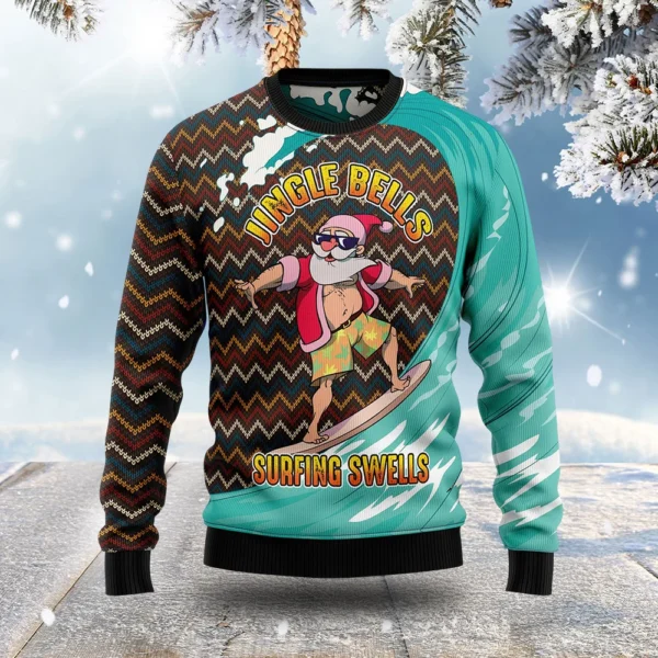 santa claus jingle bells surfing swells ugly christmas sweater.webp