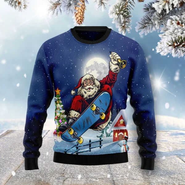 santa claus playing skateboard ugly christmas sweater winter apparel.webp
