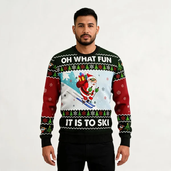 Santa Claus Skiing Christmas Ugly Sweater Holi