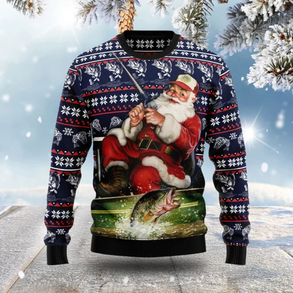 santa fishing ugly christmas sweater christmas apparel gift for.webp