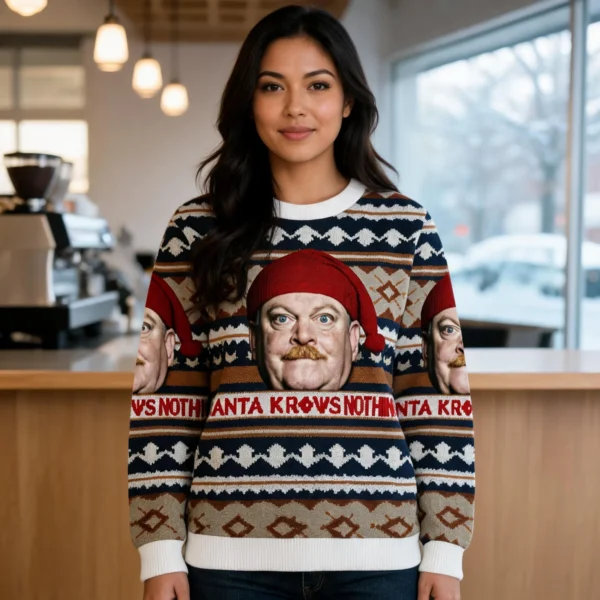 Santa Knows Nothing Christmas Ugly Sweater Holiday Apparel Secret worn by a model