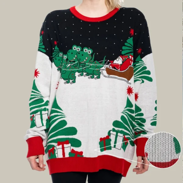 santa on sleigh t rex ugly christmas sweater ugly christmas jumper.webp
