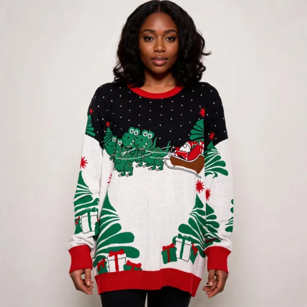Santa On Sleigh T-Rex Ugly Christmas Sweater Ugly Christmas Jumper worn by a model
