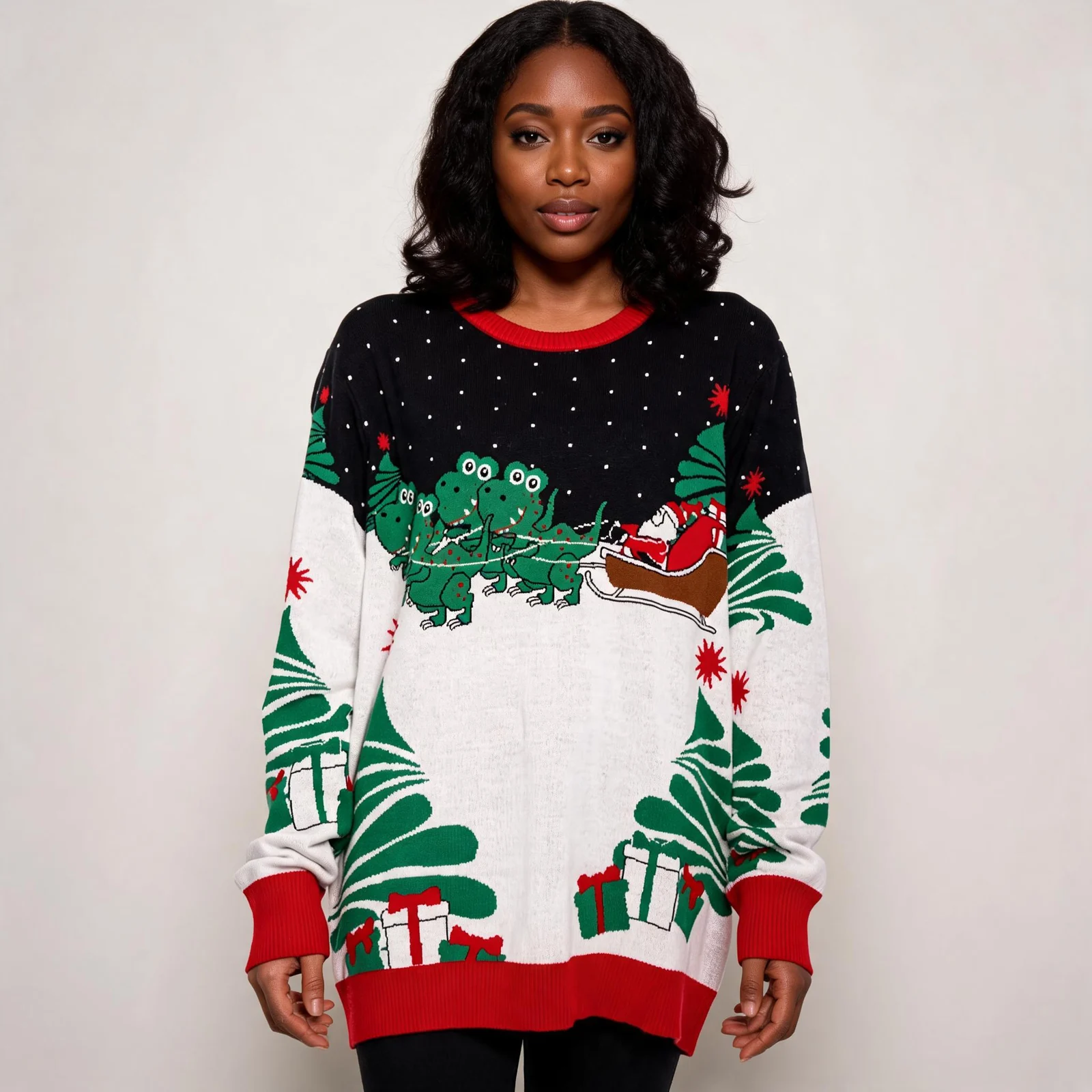 Santa On Sleigh T Rex Ugly Christmas Sweater Ugly Christmas Jumper Santa On Sleigh T-Rex Ugly Christmas Sweater Ugly Christmas Jumper worn by a model