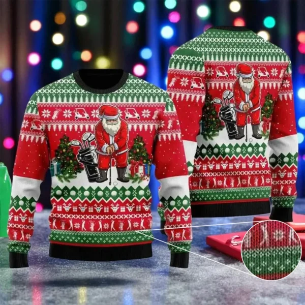santa playing golf ugly christmas sweater winter apparel xmas gift.webp