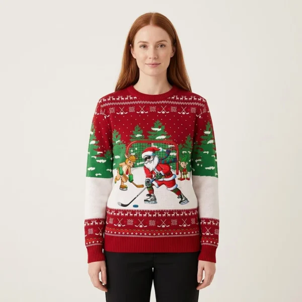 Santa Plays Hockey Ugly Christmas Sweater Perf