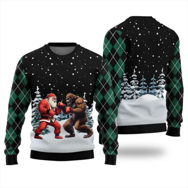 santa vs bigfoot boxing ugly holiday sweater cute holiday sweatshirt.webp