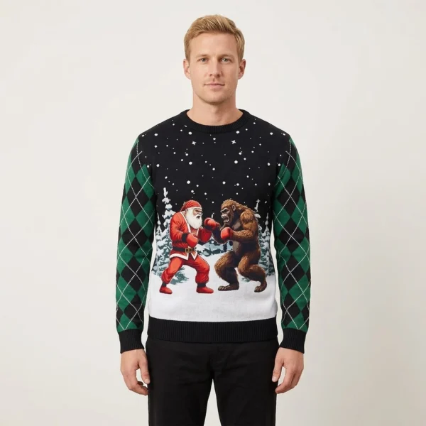 Santa Vs Bigfoot Boxing Ugly Holiday Sweater C