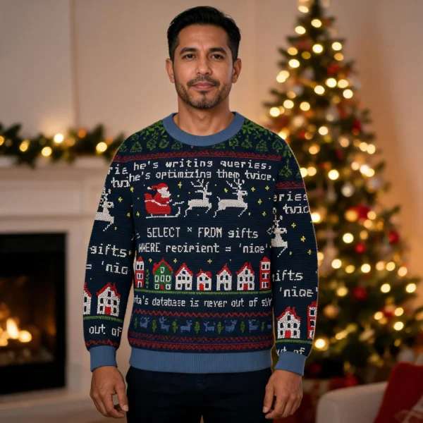 Santa’s Database Never Out Of Sync Christmas Ugly Sweater Christmas worn by a model