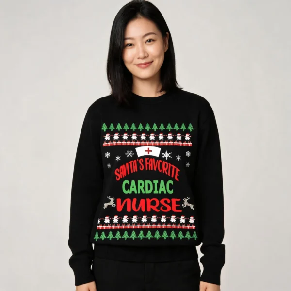 Santa’s Favorite Cardiac Nurse Shirt Ugly Christmas Sweater T-shirt worn by a model