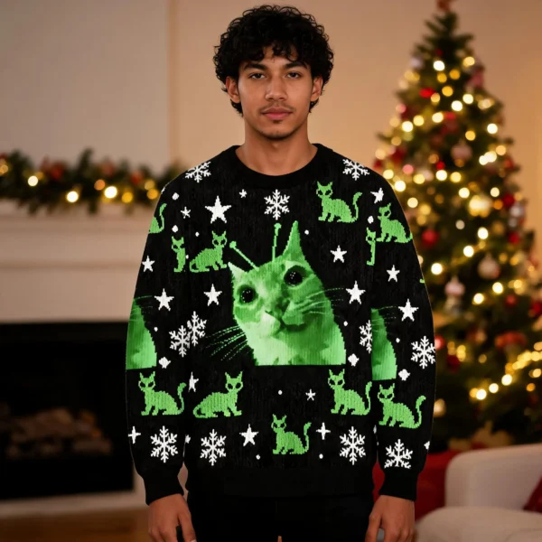 Save If You Secretly An Alien Cat Meme Christmas Ugly Sweater Animal worn by a model