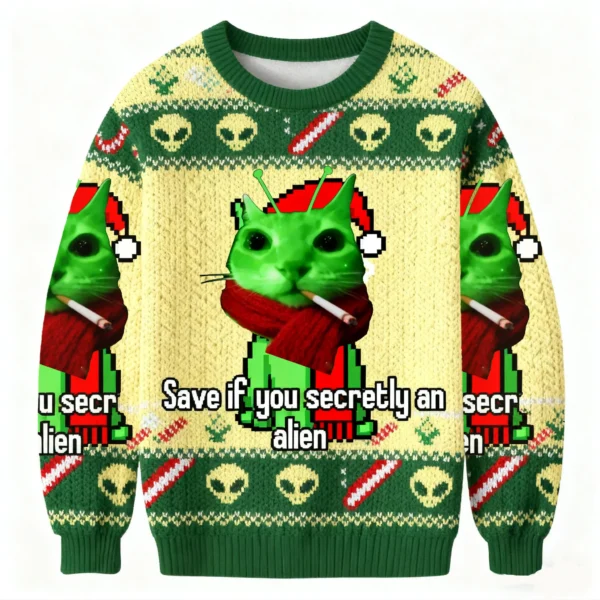 save if you secretly an alien smoing cat meme christmas ugly sweater.webp