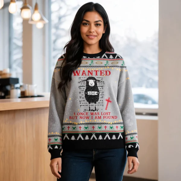 Sheep Wanted 100 Ugly Christmas Sweater Animal Themed Winter Apparel worn by a model